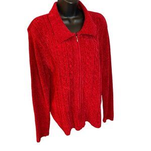 Bobbie Brooks Red Velour Full Zip Collared Sweater